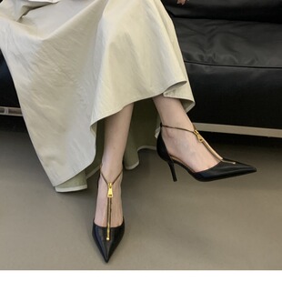 2026早春夏季新款细跟高跟鞋尖头T字带金属拉链女浅口单鞋凉鞋子