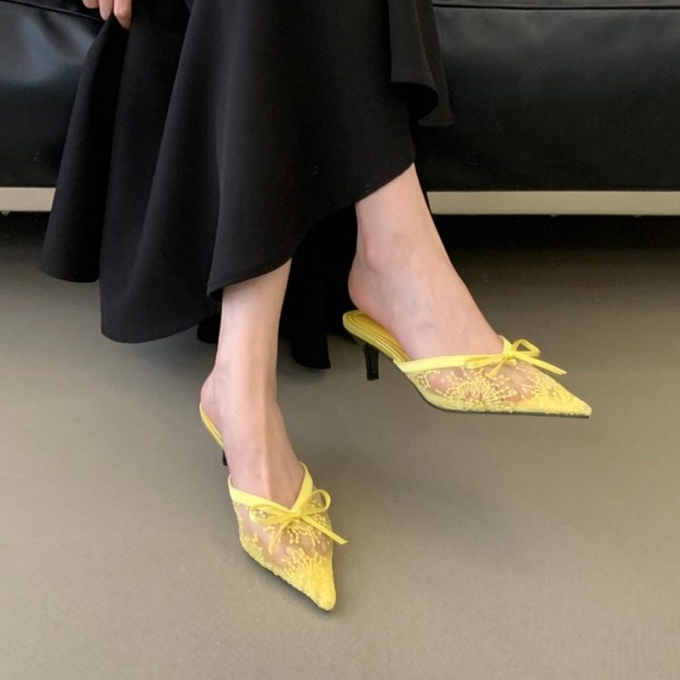 2026早春夏季蕾丝蝴蝶结细跟高跟鞋浅口尖头低跟网鞋女单鞋凉拖鞋,女鞋,包头拖,淘宝优惠券,粉丝福利购,淘宝优惠卷