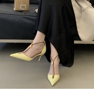 2026早春夏季新款细跟高跟鞋尖头T字带金属拉链女浅口单鞋凉鞋子