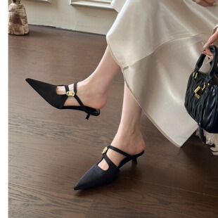 2026早春夏细跟高跟鞋尖头绸缎面后空女浅口单鞋半拖包头拖凉拖鞋