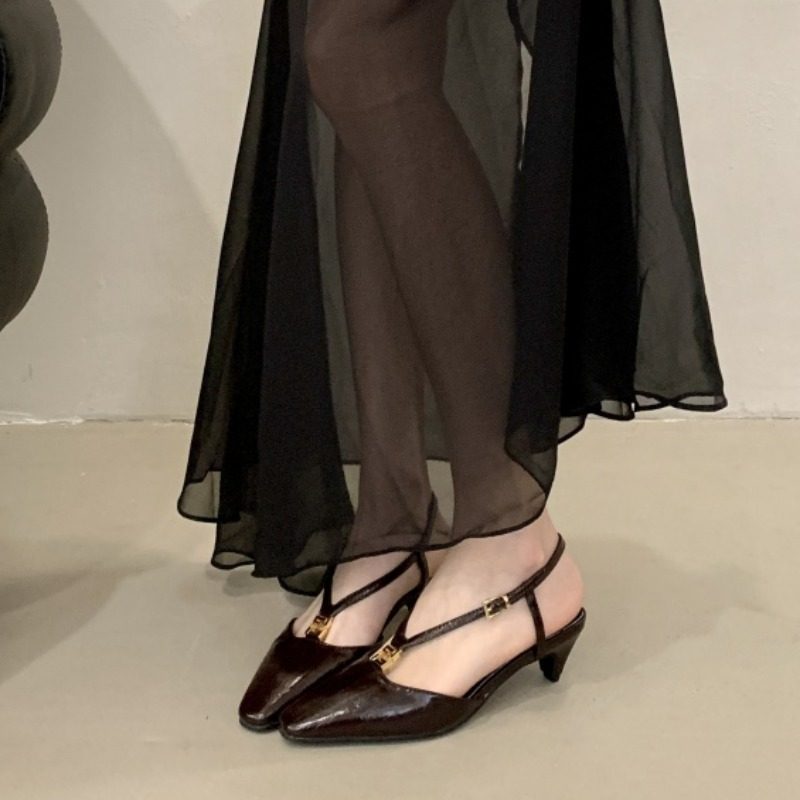 2026早春夏季新款粗跟高跟鞋方头金扣鳗鱼纹小猫跟后空凉鞋女单鞋,女鞋,时装凉鞋,淘宝优惠券,粉丝福利购,淘宝优惠卷