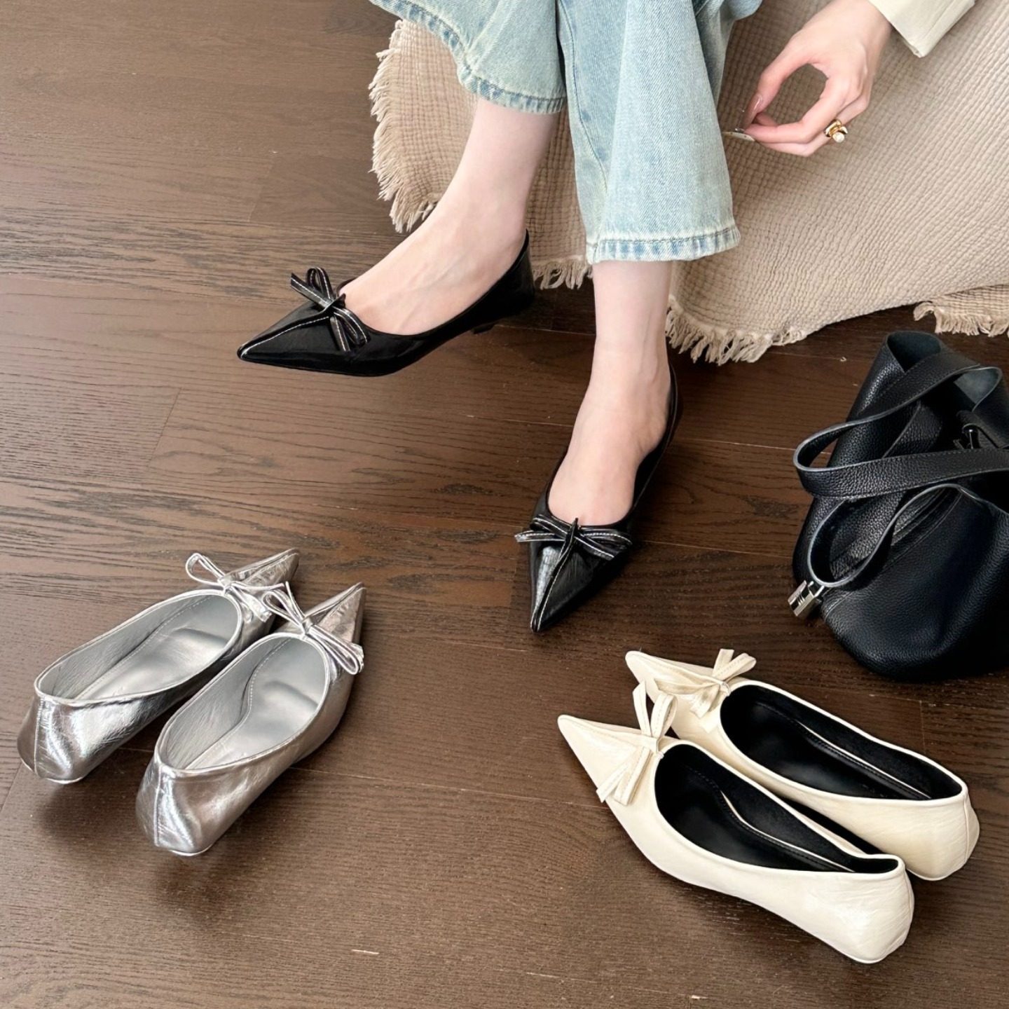 2026早春夏季新款尖头蝴蝶结设计感法式复古粗跟低跟浅口女小单鞋,女鞋,浅口单鞋,淘宝优惠券,粉丝福利购,淘宝优惠卷