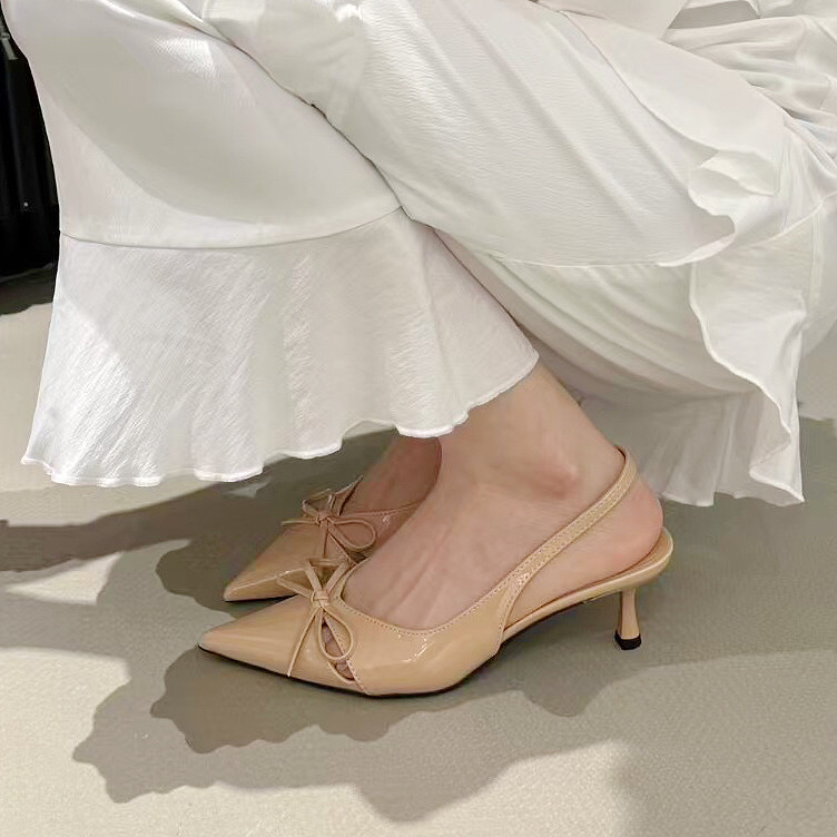 2025夏季新款尖头细跟低跟细跟高跟鞋后空蝴蝶结通勤浅口女单鞋子,女鞋,时装凉鞋,淘宝优惠券,粉丝福利购,淘宝优惠卷