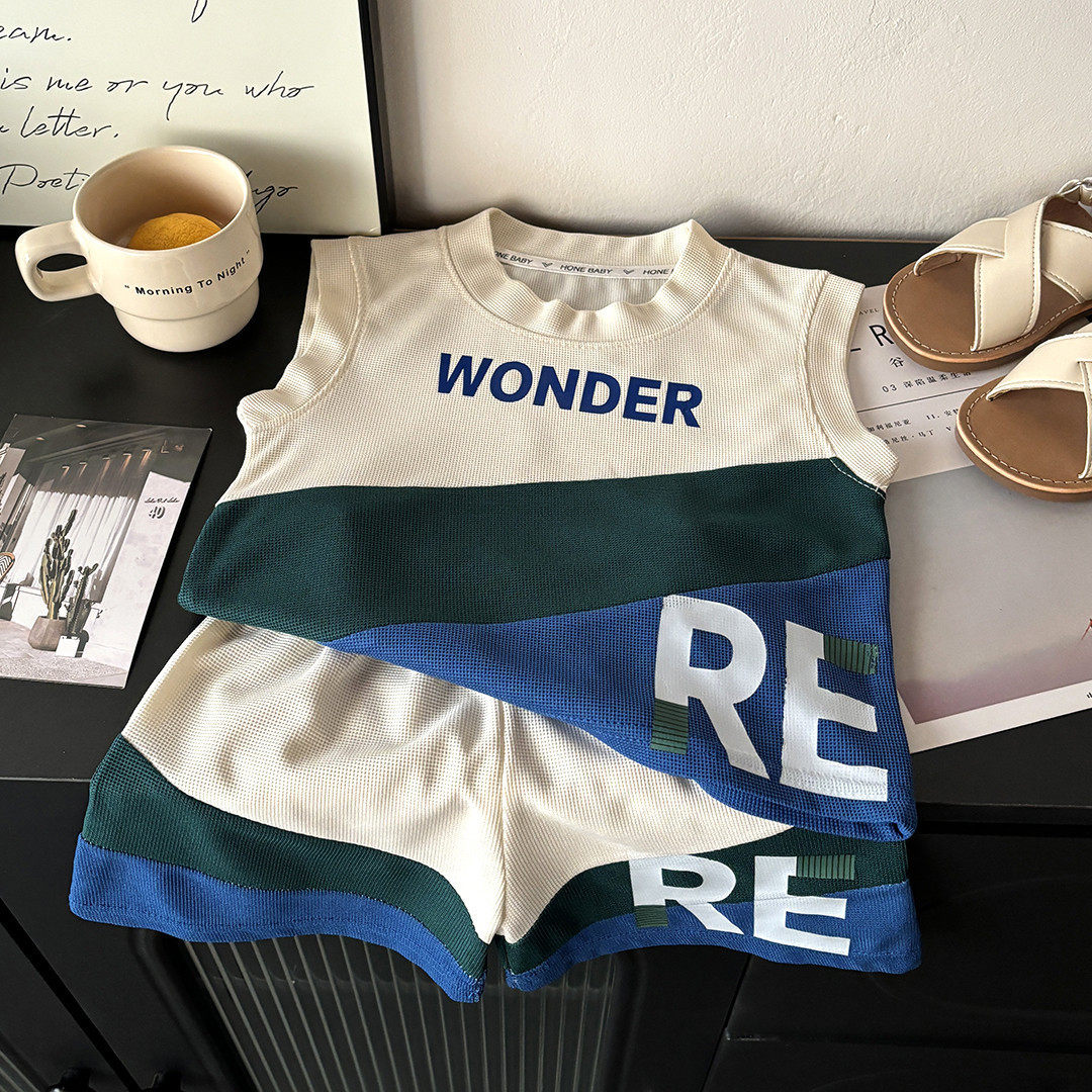 新款2026春季华夫格背心套装男童女童休闲短裤家居服运动无袖夏装