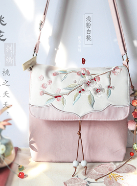 新品7寸斜挎手机包古风汉服文艺复古帆布多口袋拉链包盖小方包女