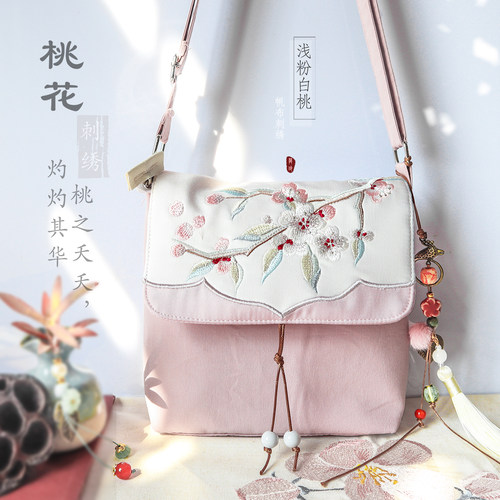 新品7寸斜挎手机包古风汉服文艺复古帆布多口袋拉链包盖小方包女