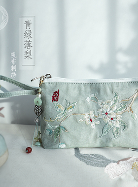 6.8寸手机包国风复古民族风简约帆布刺绣笔袋零钱钥匙拉链手拿包