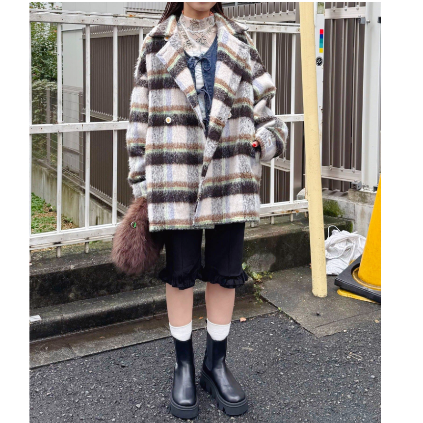 CP2025冬季 别注太阳花扣复古格纹宽松中长款毛呢外套