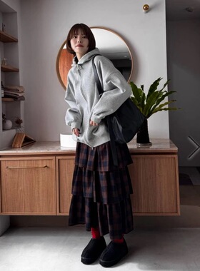 LF2025冬 复古格纹配色氛围感层次荷叶边蛋糕半身裙