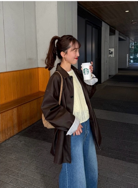 DC2026春季 复古老钱风气质中长款皮衣外套