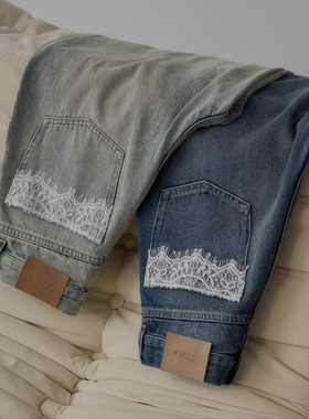 chico2025秋季 人气款蕾丝拼接口袋高腰做旧牛仔阔腿裤