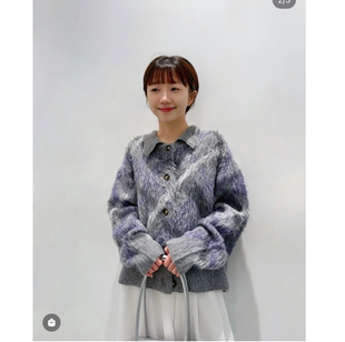 sen2025冬季 复古配色菱形格拉毛小翻领针织排扣毛衣