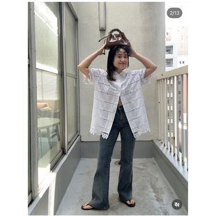 K*F2026夏季 画报款 重工方格刺绣花边衣摆短袖衬衫