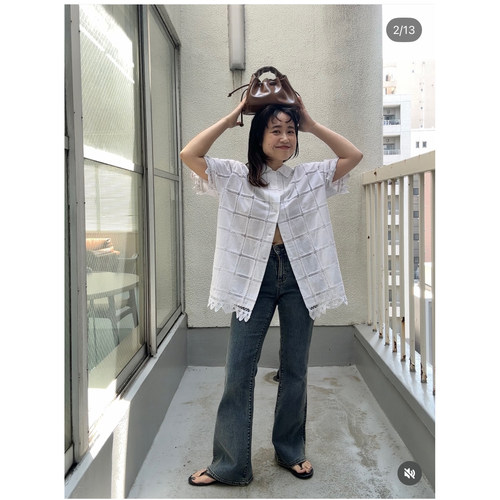 K*F2026夏季 画报款 重工方格刺绣花边衣摆短袖衬衫