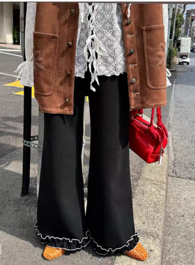 CP2025夏季 别注 华夫格彩色配色明线花边微喇叭长裤