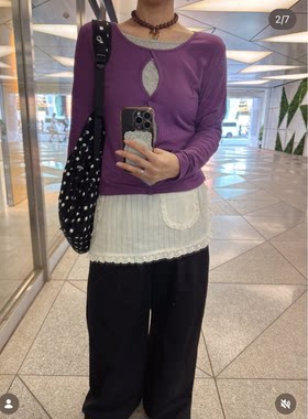 DC2026早秋 镂空门襟假两件设计高弹力少女感长袖T恤