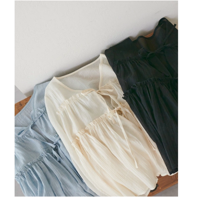 DC2026春夏 杨柳纹理感V领系带花边甜美灯笼袖衬衫