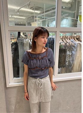 kas2025早秋 侧边露肩配色格抹胸吊带两件套T恤