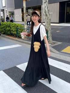 人造丝麻感透气大荷叶裙摆背带连衣裙OP DC2024夏季