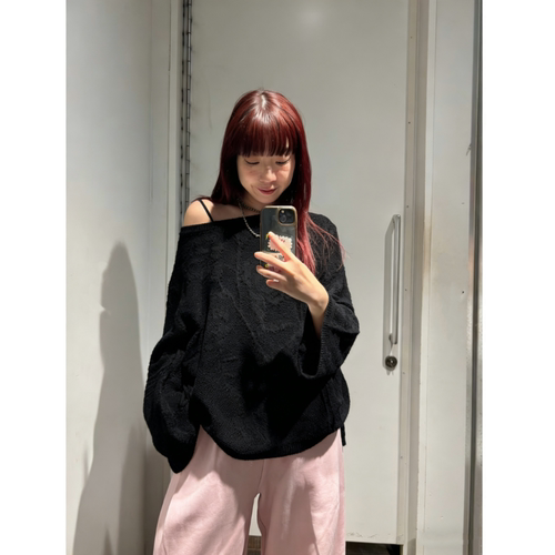 JS2026春季 重工精致立体浮雕花朵侧腰抽绳系带慵懒针织衫