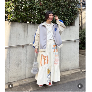 RC2026春夏 拼布字母印花3段大裙摆半身裙 个性