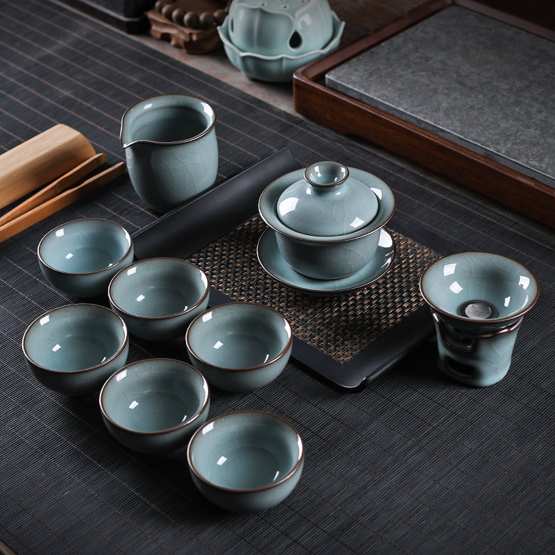 青瓷功夫茶具套装家用王文手工哥窑铁胎冰裂铁胎整套龙泉盖碗茶杯