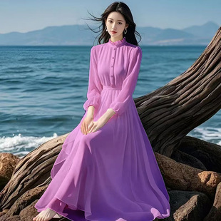 连衣裙女法式 春季 雪纺衬衫 长袖 高级感气质高腰度假风旅游长裙 新款
