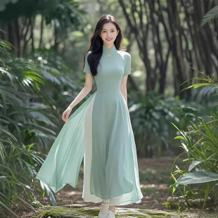 夏季新款新中式奥黛旗袍改良连衣裙女气质立领高腰显瘦短袖长裙子