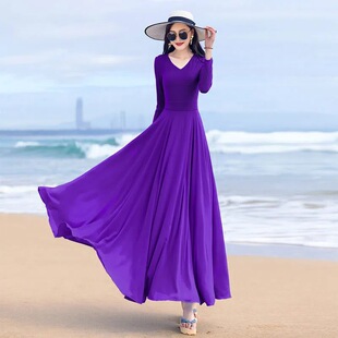 显瘦沙滩度假长款 雪纺连衣裙女气质大摆修身 裙子 V领长袖 春夏新款