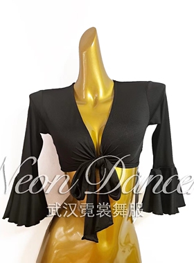 NeonDancer 新款女拉丁舞练功服 中袖短款绑带上衣