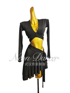 Neon Dancer 新款女拉丁舞练功服 长袖上衣+双层系带大摆裙套装