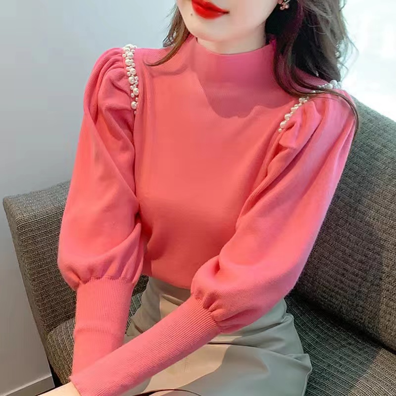 半高领套头钉珠泡泡袖针织衫