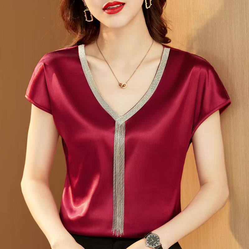 夏季新款重工流苏丝滑缎面内搭外穿蝙蝠袖打底衫短袖T恤上衣女潮