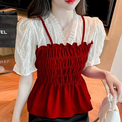 V领短袖雪纺假两件衬衫女