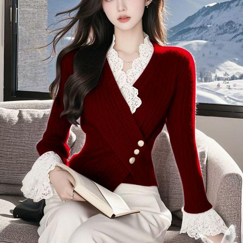 蕾丝拼接简约针织衫V领套头