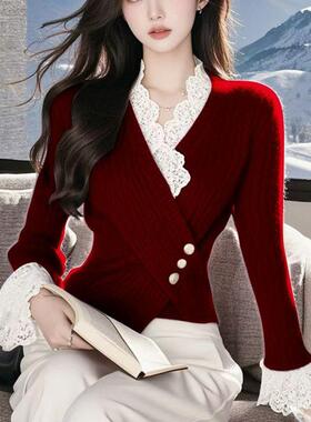 蕾丝拼接紫色毛衣法式小众复古交叉ins简约针织衫秋冬款外穿打底