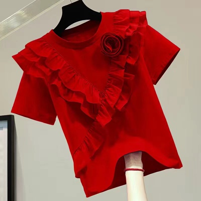 荷叶边花朵宽松短袖t恤女