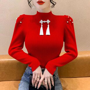 泡泡袖毛衣女款2024新款秋冬内搭新中式盘扣打底衫高级感长袖上衣