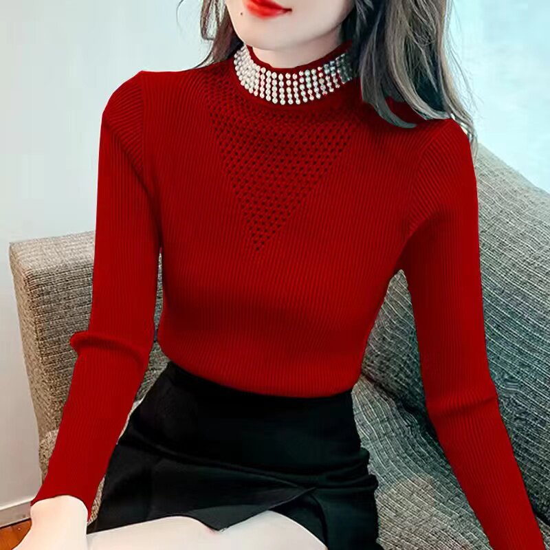 钉珠毛衣女2026秋冬新款高领修身显瘦设计感内搭长袖针织打底衫女