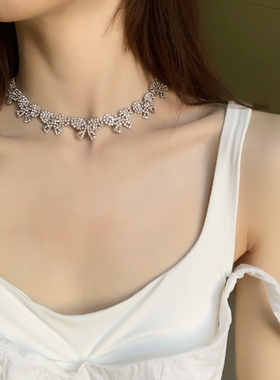 欧美奢华名媛风超闪立体水钻蝴蝶结耳钉颈链choker锁骨项链套装女