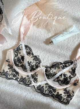 IQUE·柏林少女·法式蕾丝ins刺绣超薄性感透视大胸显小内衣套装