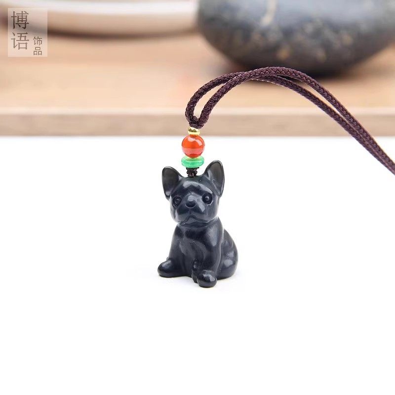 天然黑曜石狗项链水晶狗挂件