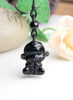 天然黑曜石猴子猴子手机链