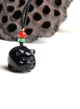 博语黑曜石水晶猪水晶猪吊坠