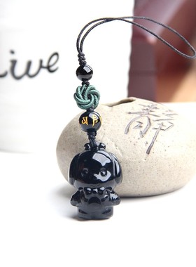 天然黑曜石恰恰狗手机坠手机链