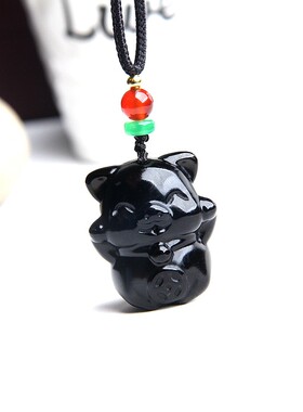 博语天然黑曜石小猪挂坠猪项链