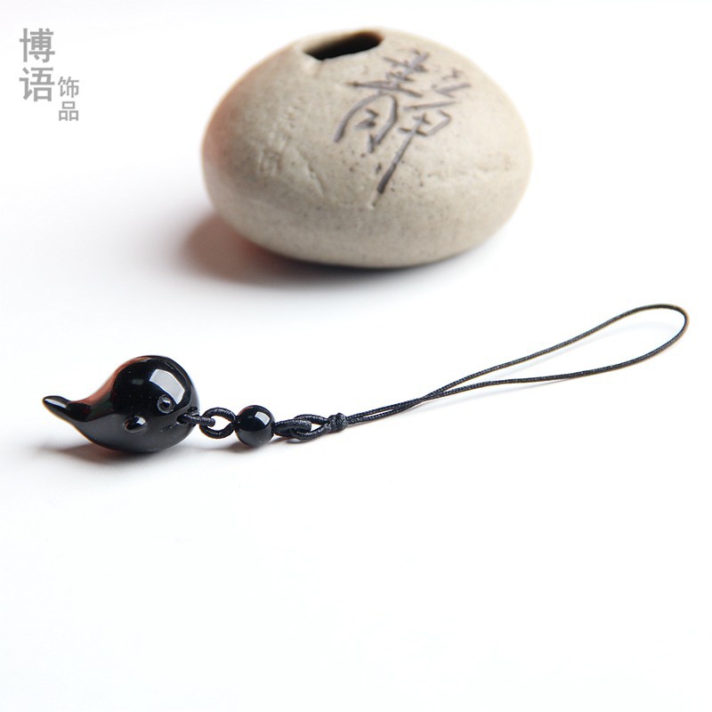 天然黑曜石小鲸鱼手机坠挂件