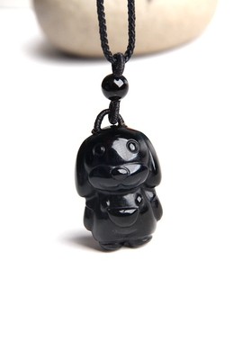 天然黑曜石小狗挂件狗项链