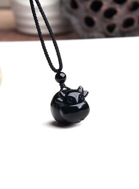 博语天然黑曜石牛吊坠牛项链