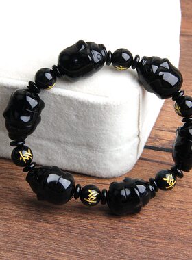 天然水晶手链天然黑曜石猪手链